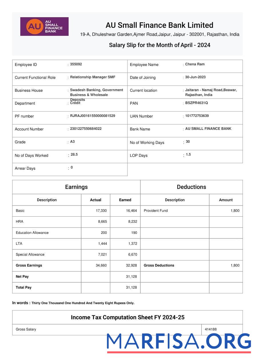 Blank AU Small Finance Bank salary slip real example